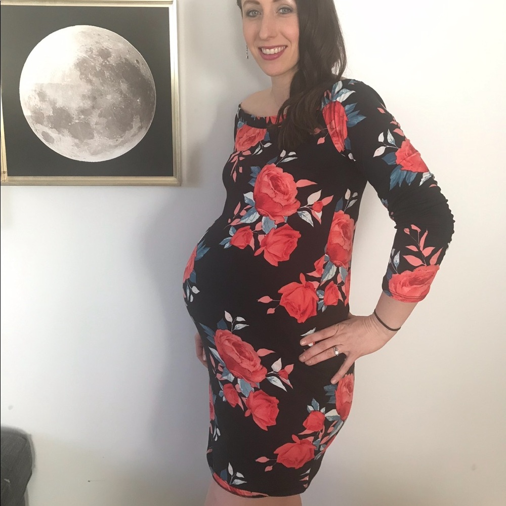 Off shoulder floral pinkblush maternity dress.